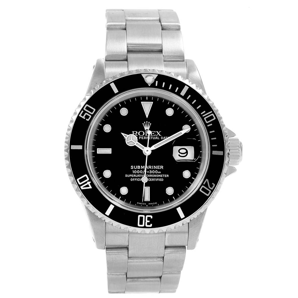 The image shows a front view of the Rolex Submariner 16610 Men's Stainless Steel Black Dial 16610 Men's Stainless Steel Black Dial watch, displaying its bezel, dial, and metal bracelet.