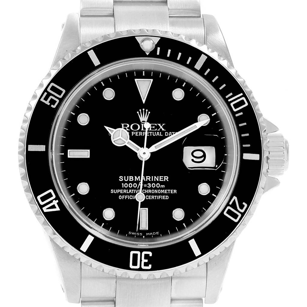 This is a front view of a Rolex Submariner 16610 Men's Stainless Steel Black Dial 16610 Men's Stainless Steel Black Dial watch, showcasing the face, bezel, bracelet, and crown.
