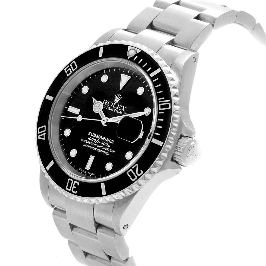 The image shows a top and right-side angle of the Rolex Submariner 16610 Men's Stainless Steel Black Dial 16610 Men's Stainless Steel Black Dial, displaying its dial, bezel, crown, and bracelet.