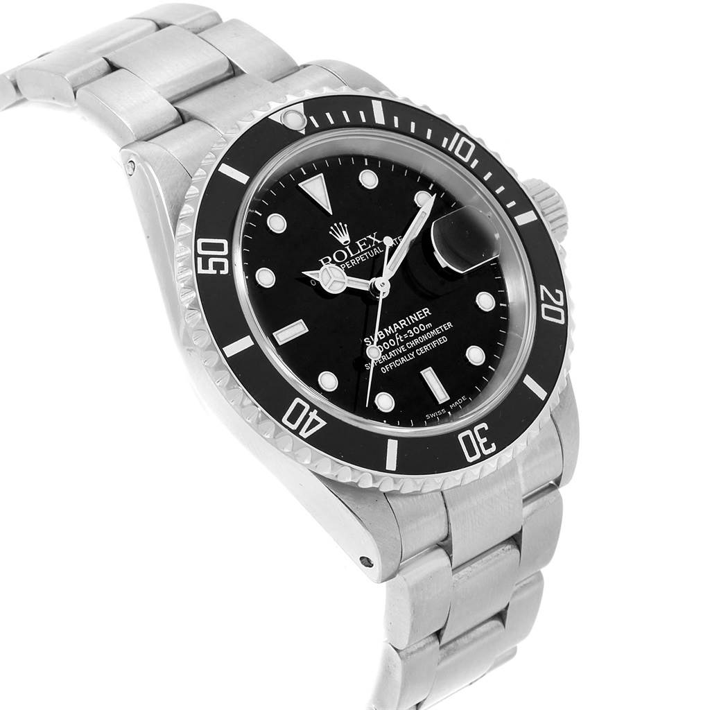 The Rolex Submariner 16610 Men's Stainless Steel Black Dial 16610 Men's Stainless Steel Black Dial watch is shown at a slight side angle, displaying the bracelet, bezel, dial, and crown prominently.