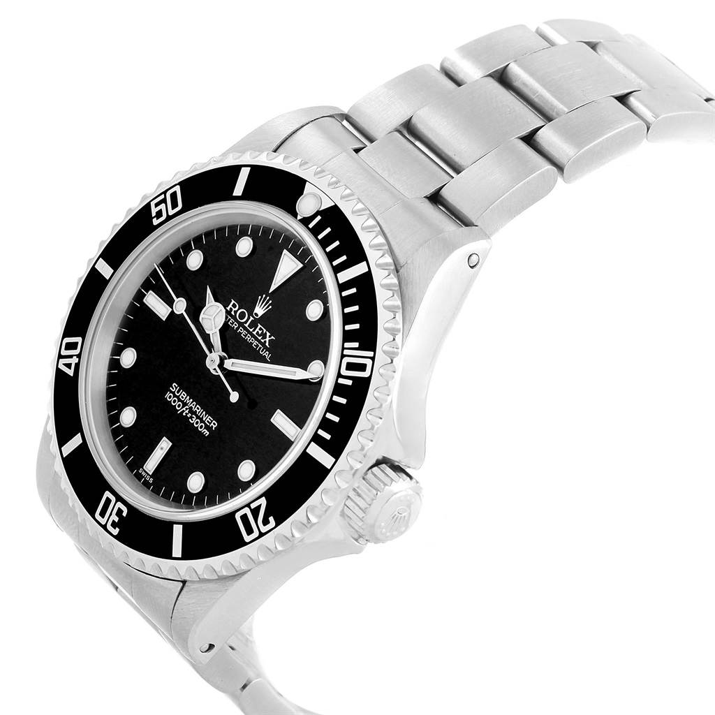 The image shows a side angle of a Rolex Submariner 14060 Men's Stainless Steel Black Dial 14060 Men's Stainless Steel Black Dial watch, featuring the bezel, dial, and bracelet.