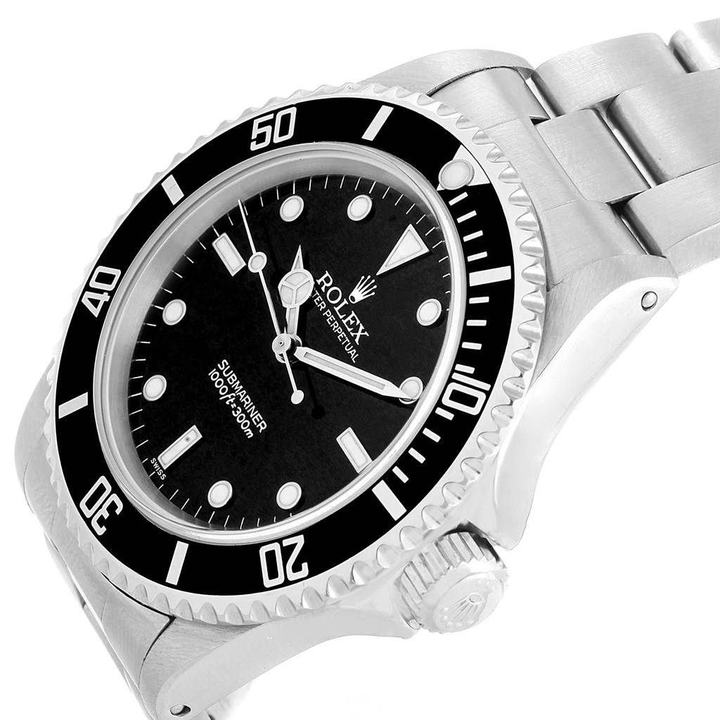 This image shows a Rolex Submariner 14060 Men's Stainless Steel Black Dial 14060 Men's Stainless Steel Black Dial watch at a tilted angle, highlighting the bezel, crown, and part of the bracelet.