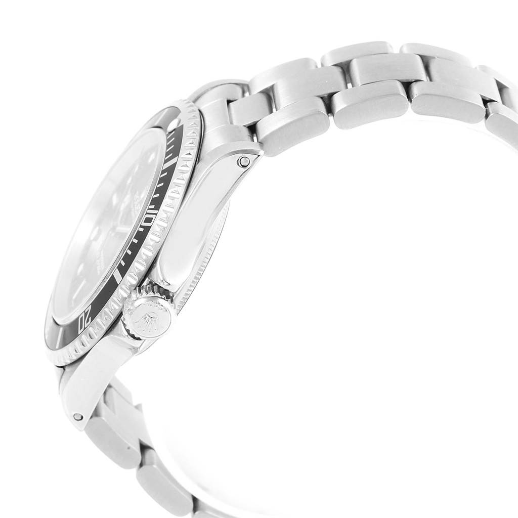 The image shows the side view of a Rolex Submariner 14060 Men's Stainless Steel Black Dial 14060 Men's Stainless Steel Black Dial, highlighting its crown, bezel, and part of the bracelet.