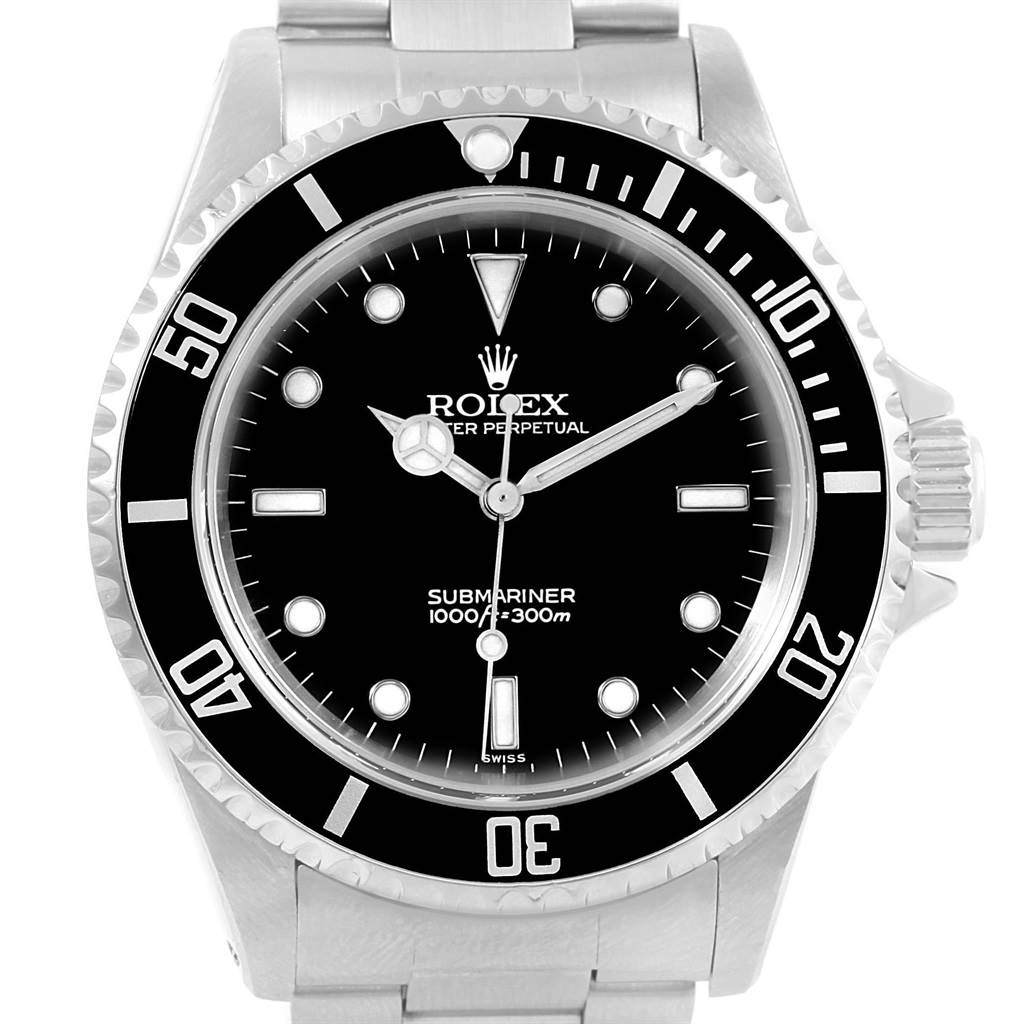 The Rolex Submariner 14060 Men's Stainless Steel Black Dial 14060 Men's Stainless Steel Black Dial watch is shown from a front angle, highlighting its face, bezel, and part of the bracelet.
