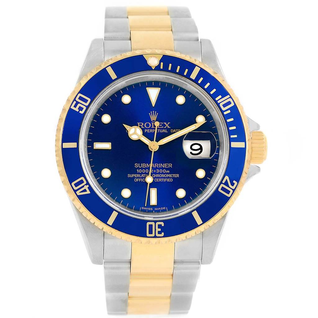 The image shows a front view of a Rolex Submariner 16613 Men's Steel and Gold (two tone) Blue Dial 16613 Men's Steel and Gold (two tone) Blue Dial watch with a blue dial and two-tone bracelet.