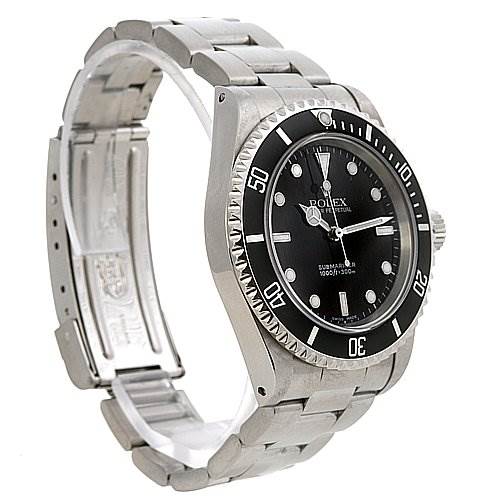 The image shows the Rolex Submariner 14060 Men's Stainless Steel Black Dial 14060 Men's Stainless Steel Black Dial watch from a side angle, displaying the metal band, face, and bezel.