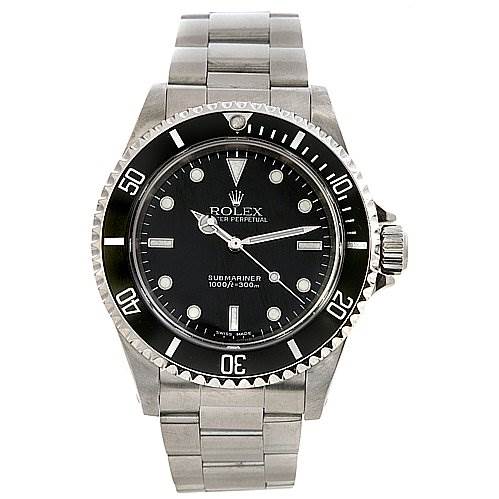This image shows a full frontal view of the Rolex Submariner 14060 Men's Stainless Steel Black Dial 14060 Men's Stainless Steel Black Dial watch, featuring its dial, bezel, and bracelet.