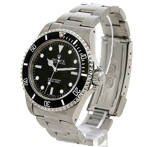 The image shows a Rolex Submariner 14060 Men's Stainless Steel Black Dial 14060 Men's Stainless Steel Black Dial, angled to display the face, bezel, crown, bracelet, and partially open clasp.