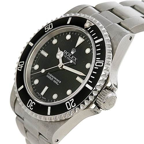 The image shows a side and partial front view of a Rolex Submariner 14060 Men's Stainless Steel Black Dial 14060 Men's Stainless Steel Black Dial watch, highlighting the bezel, dial, and bracelet.