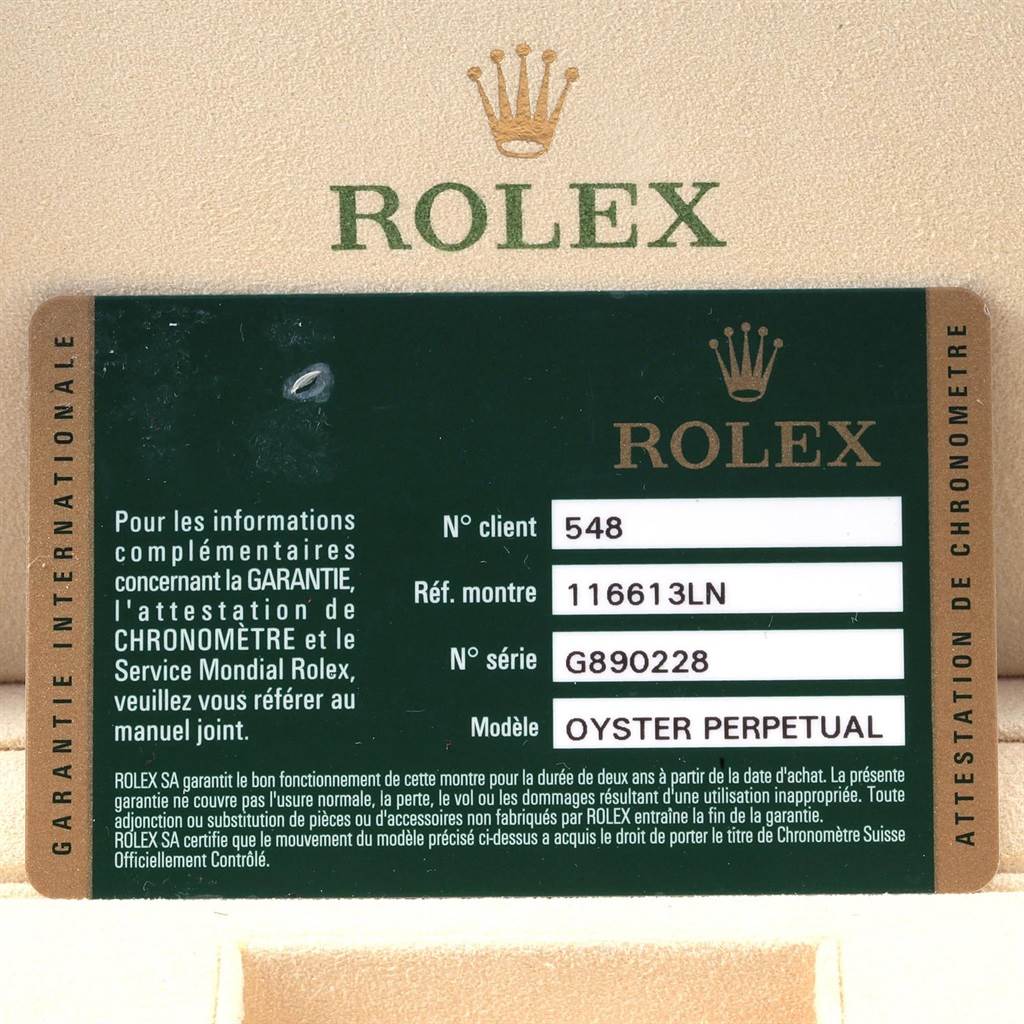 The image shows the warranty card for a Rolex Submariner 116613 Men's Steel and Gold (two tone) Black Dial 116613 Men's Steel and Gold (two tone) Black Dial model, featuring the model, client, reference, and serial numbers.