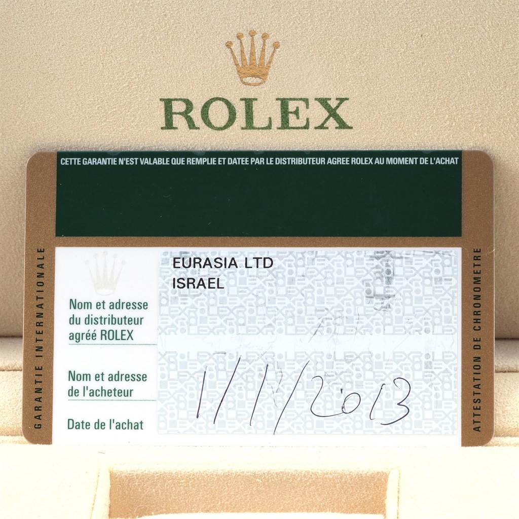 The image shows a warranty card for the Rolex Submariner 116613 Men's Steel and Gold (two tone) Black Dial 116613 Men's Steel and Gold (two tone) Black Dial watch, displaying dealer information and purchase date.