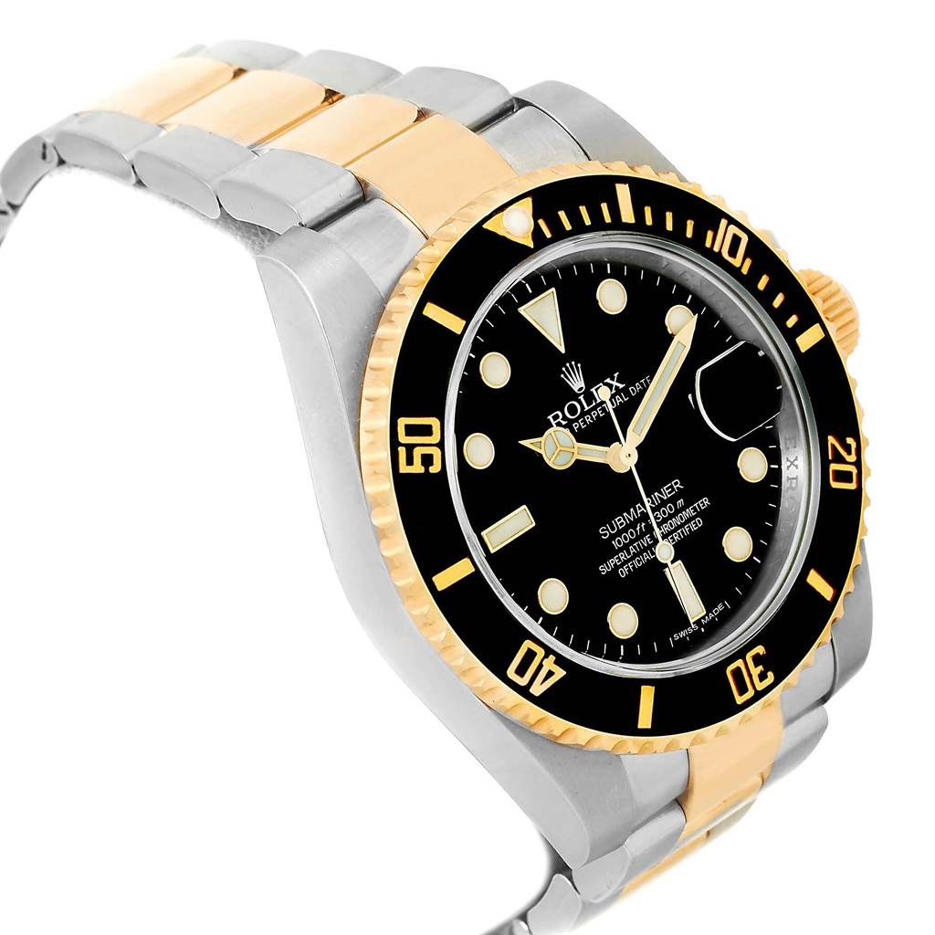 The image shows a side angle of a Rolex Submariner 116613 Men's Steel and Gold (two tone) Black Dial 116613 Men's Steel and Gold (two tone) Black Dial watch, highlighting the black dial, bezel, and two-tone band.