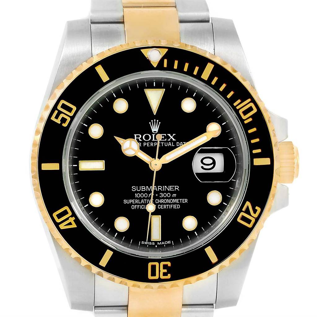 This image shows a front view of the Rolex Submariner 116613 Men's Steel and Gold (two tone) Black Dial 116613 Men's Steel and Gold (two tone) Black Dial watch, highlighting its black dial, bezel, and two-tone bracelet.