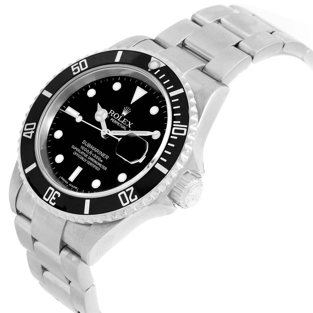 The image shows a Rolex Submariner 16610 Men's Stainless Steel Black Dial 16610 Men's Stainless Steel Black Dial watch from a top side angle, highlighting the dial, bezel, and part of the bracelet.