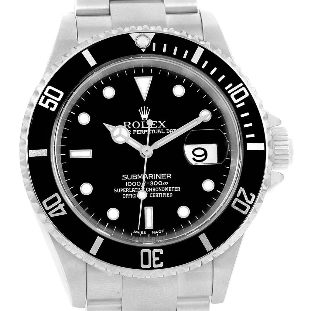 The image shows a frontal view of the Rolex Submariner 16610 Men's Stainless Steel Black Dial 16610 Men's Stainless Steel Black Dial watch, displaying its dial, bezel, and partial bracelet.
