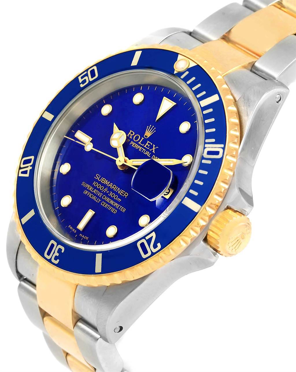 The image shows a close-up angle of the Rolex Submariner 16613 Men's Steel and Gold (two tone) Blue Dial 16613 Men's Steel and Gold (two tone) Blue Dial, highlighting the bezel, face, and bracelet.