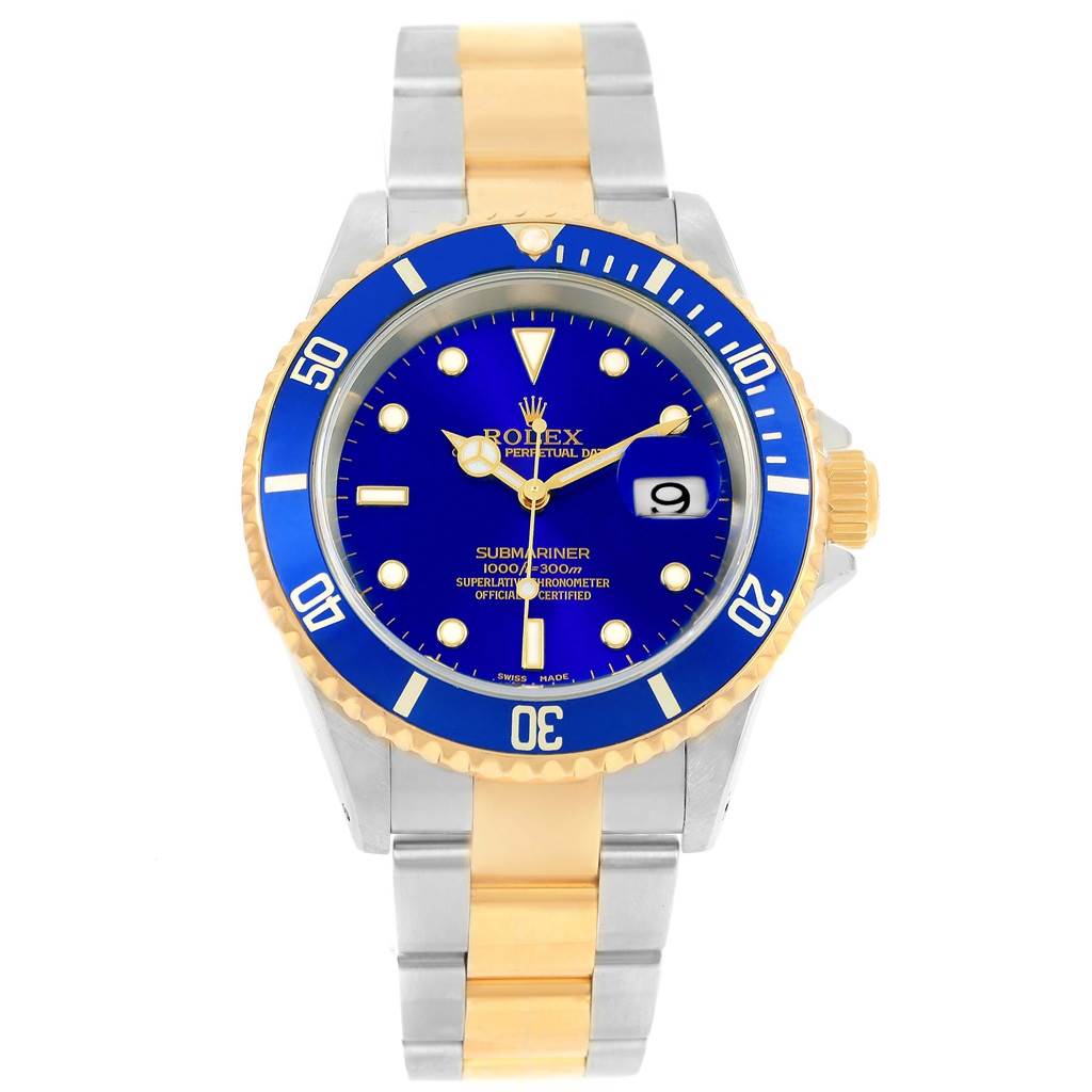 The image shows a front view of a Rolex Submariner 16613 Men's Steel and Gold (two tone) Blue Dial 16613 Men's Steel and Gold (two tone) Blue Dial watch with a blue dial and two-tone steel and gold bracelet.