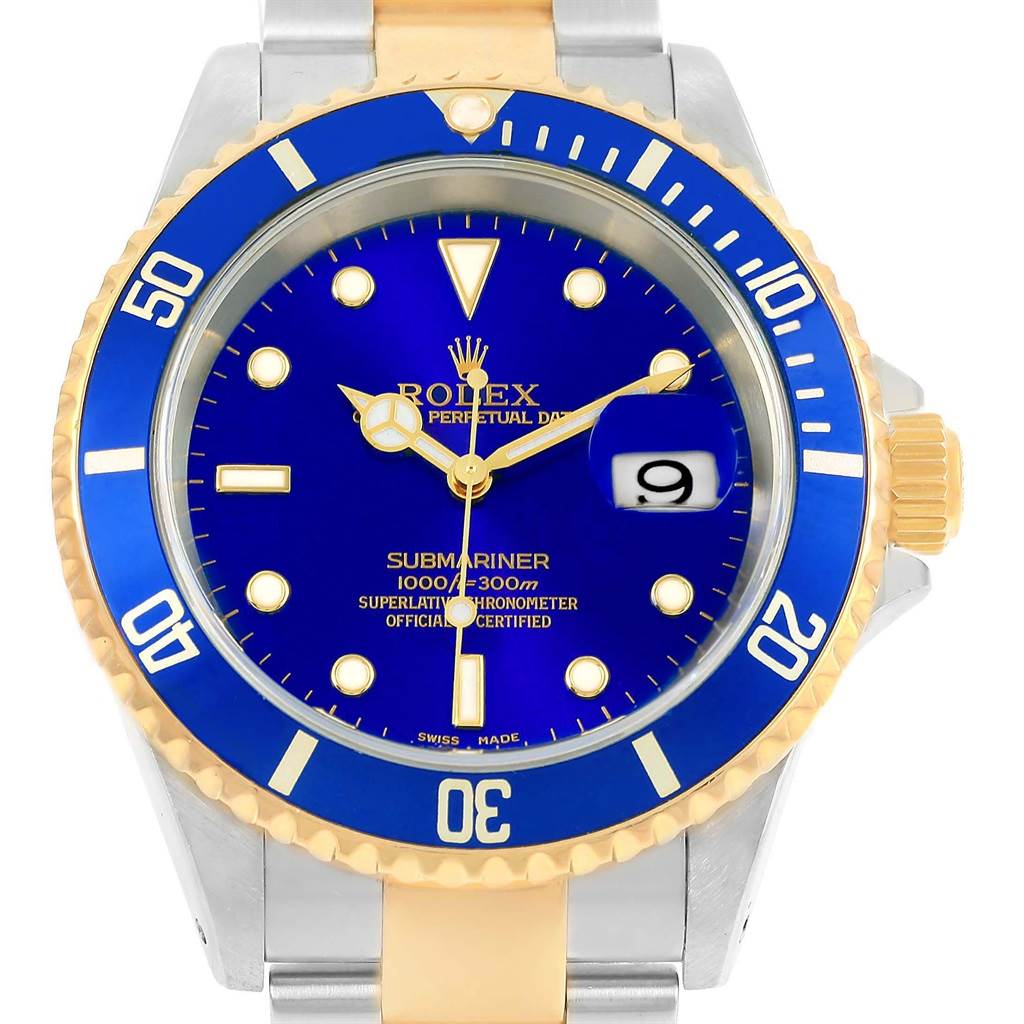 The Rolex Submariner 16613 Men's Steel and Gold (two tone) Blue Dial 16613 Men's Steel and Gold (two tone) Blue Dial watch is shown from a front angle, highlighting the blue dial, gold and silver band, and bezel.