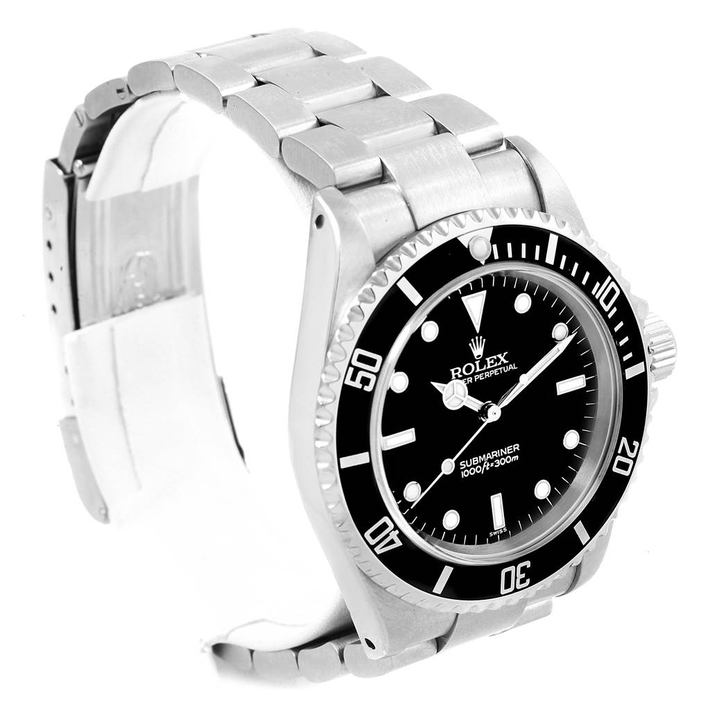 The image shows a Rolex Submariner 14060 Men's Stainless Steel Black Dial 14060 Men's Stainless Steel Black Dial watch angled from the top left, displaying the bracelet, bezel, dial, and crown.