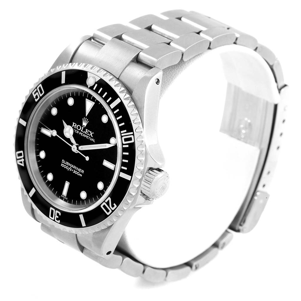 This Rolex Submariner 14060 Men's Stainless Steel Black Dial 14060 Men's Stainless Steel Black Dial watch is shown at a slight angle, displaying the face, bezel, crown, and stainless steel bracelet.
