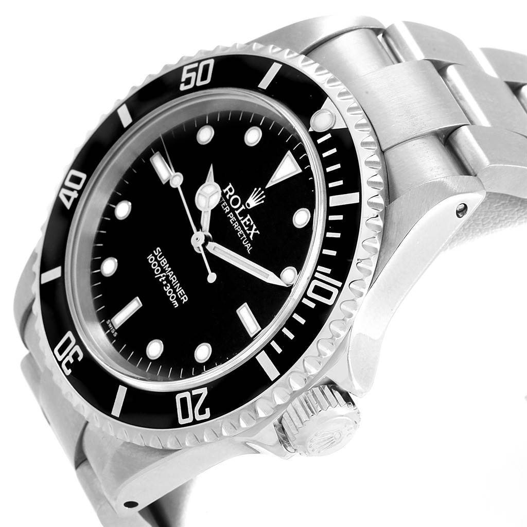 The image shows a side angle of a Rolex Submariner 14060 Men's Stainless Steel Black Dial 14060 Men's Stainless Steel Black Dial watch, displaying the face, bezel, crown, and bracelet.