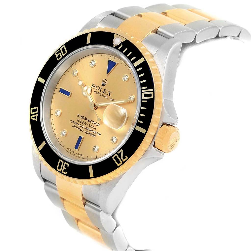 This image shows a Rolex Submariner 16613 Men's Steel and Gold (two tone) Champagne Dial 16613 Men's Steel and Gold (two tone) Champagne Dial watch at a three-quarter angle, highlighting its face, bezel, crown, and two-tone bracelet.