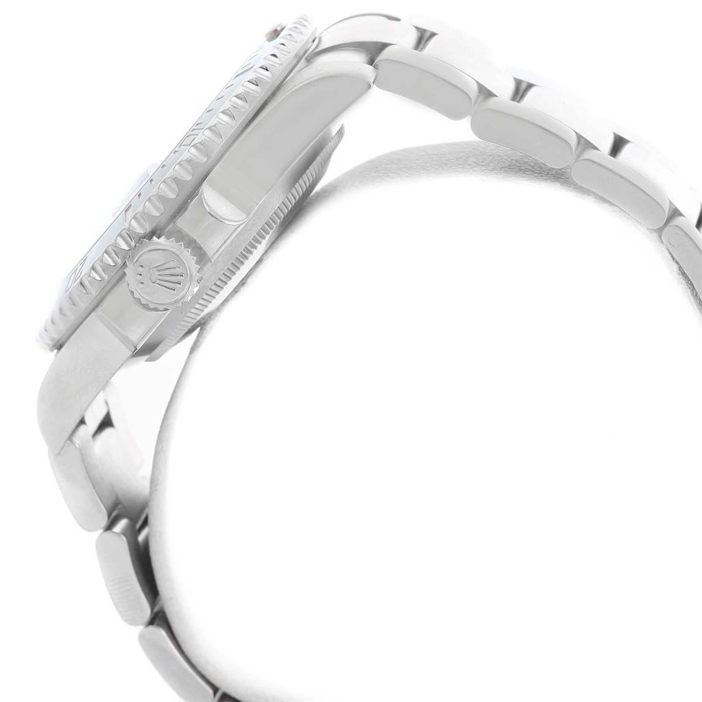 Side view of a Rolex Submariner 116610LV Men
s Stainless Steel Green Dial 116610LV Men
s Stainless Steel Green Dial watch, showing the crown, case, bezel, and part of the bracelet.