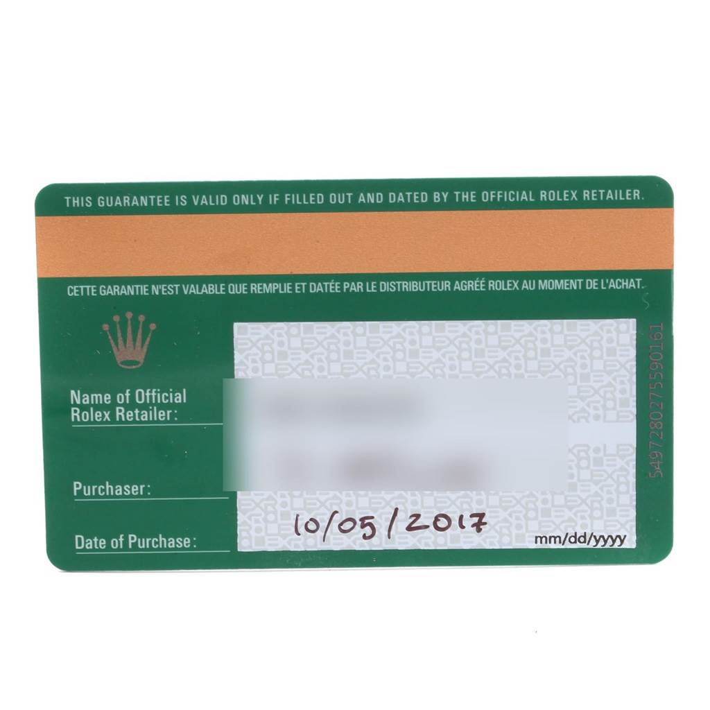 This image shows a warranty card for a Rolex Submariner 116610LV Men
s Stainless Steel Green Dial 116610LV Men
s Stainless Steel Green Dial watch, featuring retailer and purchase details.