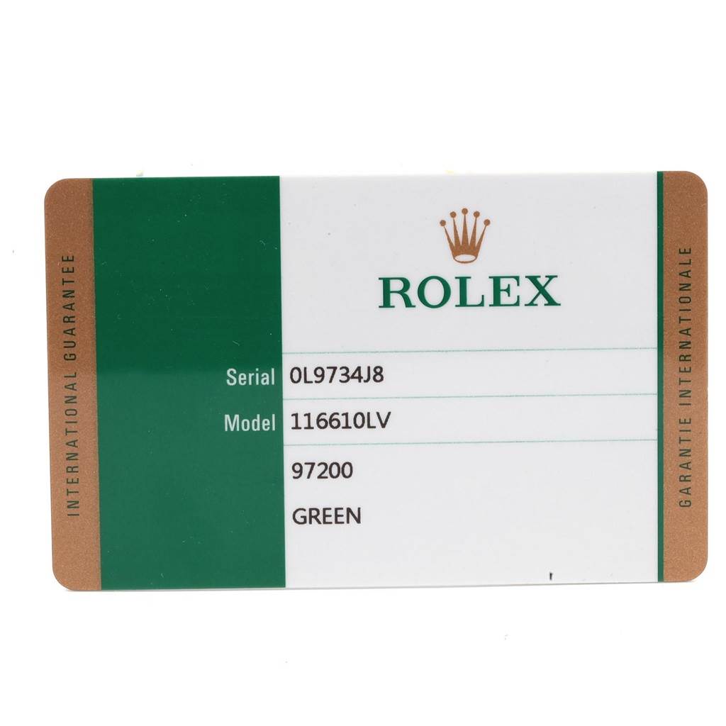 This image shows the international guarantee card for a Rolex Submariner 116610LV Men
s Stainless Steel Green Dial 116610LV Men
s Stainless Steel Green Dial model 116610LV watch.