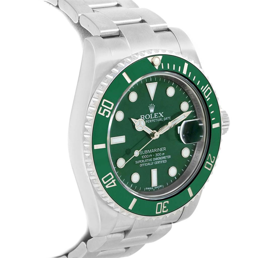 The image shows a side angle of a Rolex Submariner 116610LV Men
s Stainless Steel Green Dial 116610LV Men
s Stainless Steel Green Dial watch, including the green dial, bezel, and part of the stainless steel bracelet.