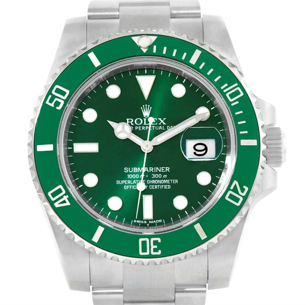 The image shows a front view of a Rolex Submariner 116610LV Men
s Stainless Steel Green Dial 116610LV Men
s Stainless Steel Green Dial watch, highlighting its green dial, bezel, and stainless steel bracelet.