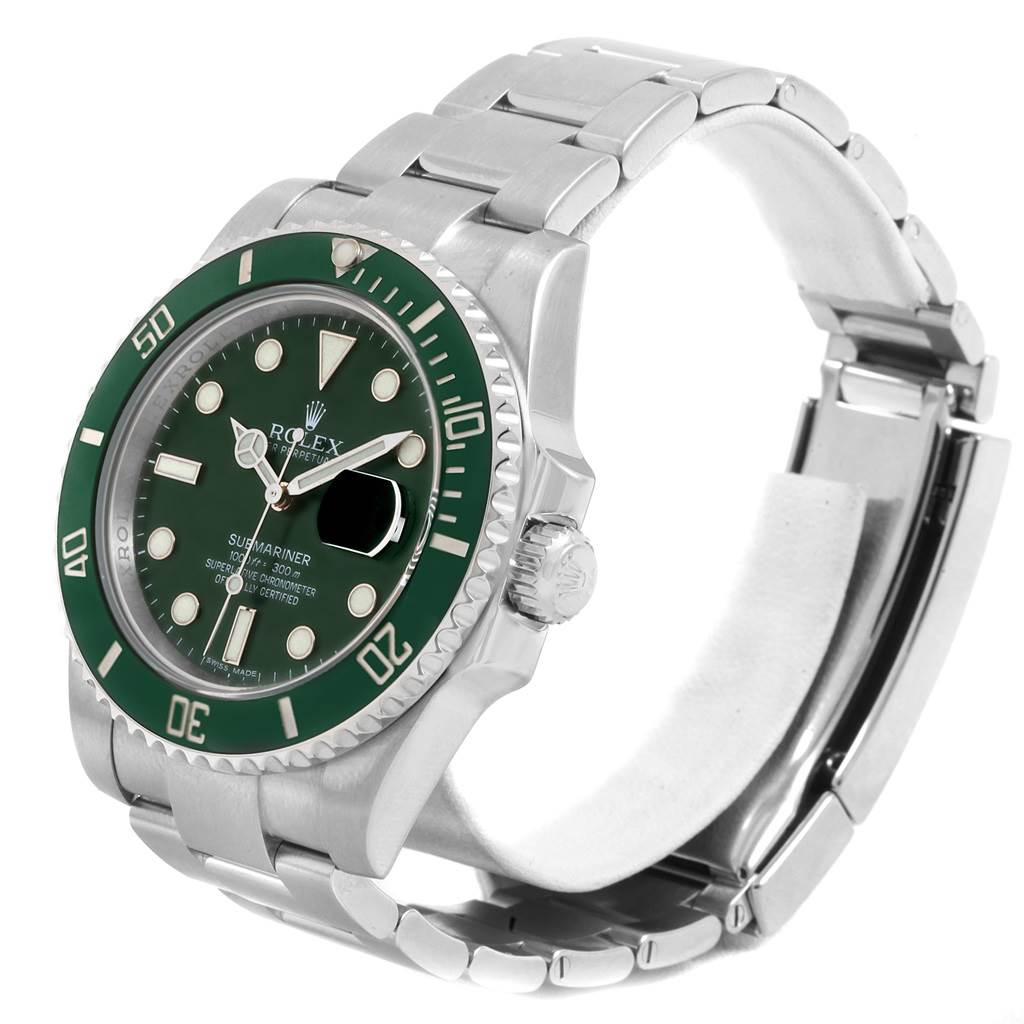 The image shows a side view of a Rolex Submariner 116610LV Men's Stainless Steel Green Dial 116610LV Men's Stainless Steel Green Dial watch, highlighting its green bezel, dial, and stainless steel bracelet.