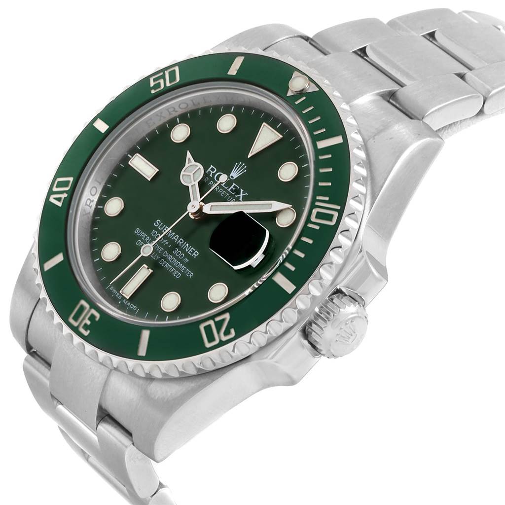 The image shows a close-up, angled view of the Rolex Submariner 116610LV Men's Stainless Steel Green Dial 116610LV Men's Stainless Steel Green Dial watch, highlighting its green bezel and dial, crown, and part of the bracelet.
