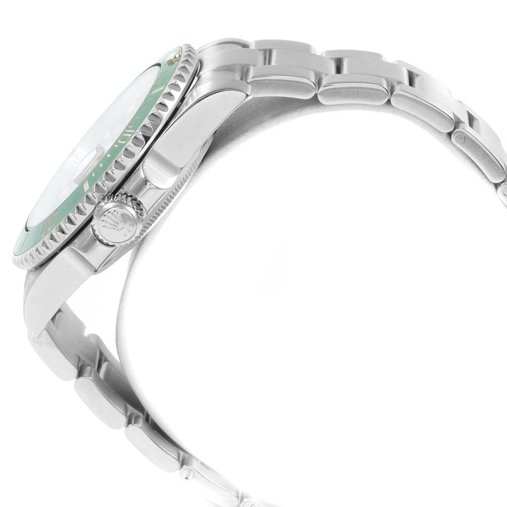 This image shows a side profile of the Rolex Submariner 116610LV Men's Stainless Steel Green Dial 116610LV Men's Stainless Steel Green Dial watch, highlighting its bezel, crown, and metal bracelet.