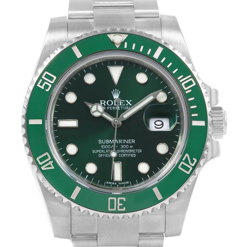 This image shows a front view of a Rolex Submariner 116610LV Men's Stainless Steel Green Dial 116610LV Men's Stainless Steel Green Dial watch with a green bezel and dial, displaying the time and date.