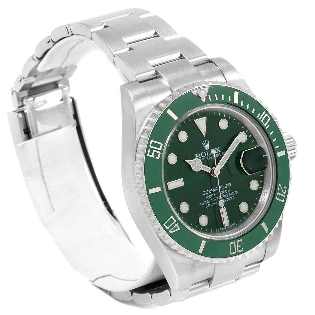 The image shows a side-angle view of a Rolex Submariner 116610LV Men's Stainless Steel Green Dial 116610LV Men's Stainless Steel Green Dial watch, highlighting the green bezel, dial, and stainless steel bracelet.