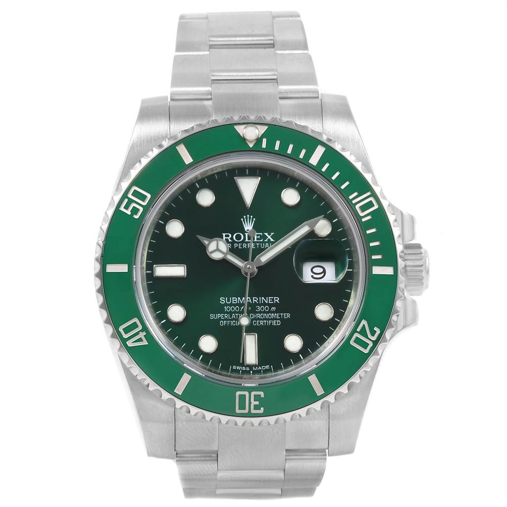 This image shows a front view of the Rolex Submariner 116610LV Men's Stainless Steel Green Dial 116610LV Men's Stainless Steel Green Dial watch, highlighting the green bezel, dial, and stainless steel bracelet.