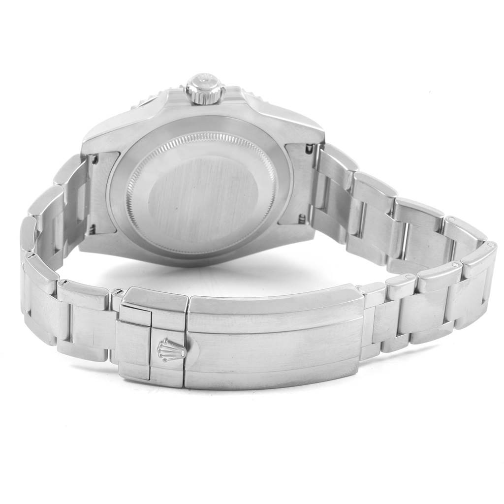 This image shows the back, bracelet, and clasp of a Rolex Submariner 116610LV Men's Stainless Steel Green Dial 116610LV Men's Stainless Steel Green Dial watch.
