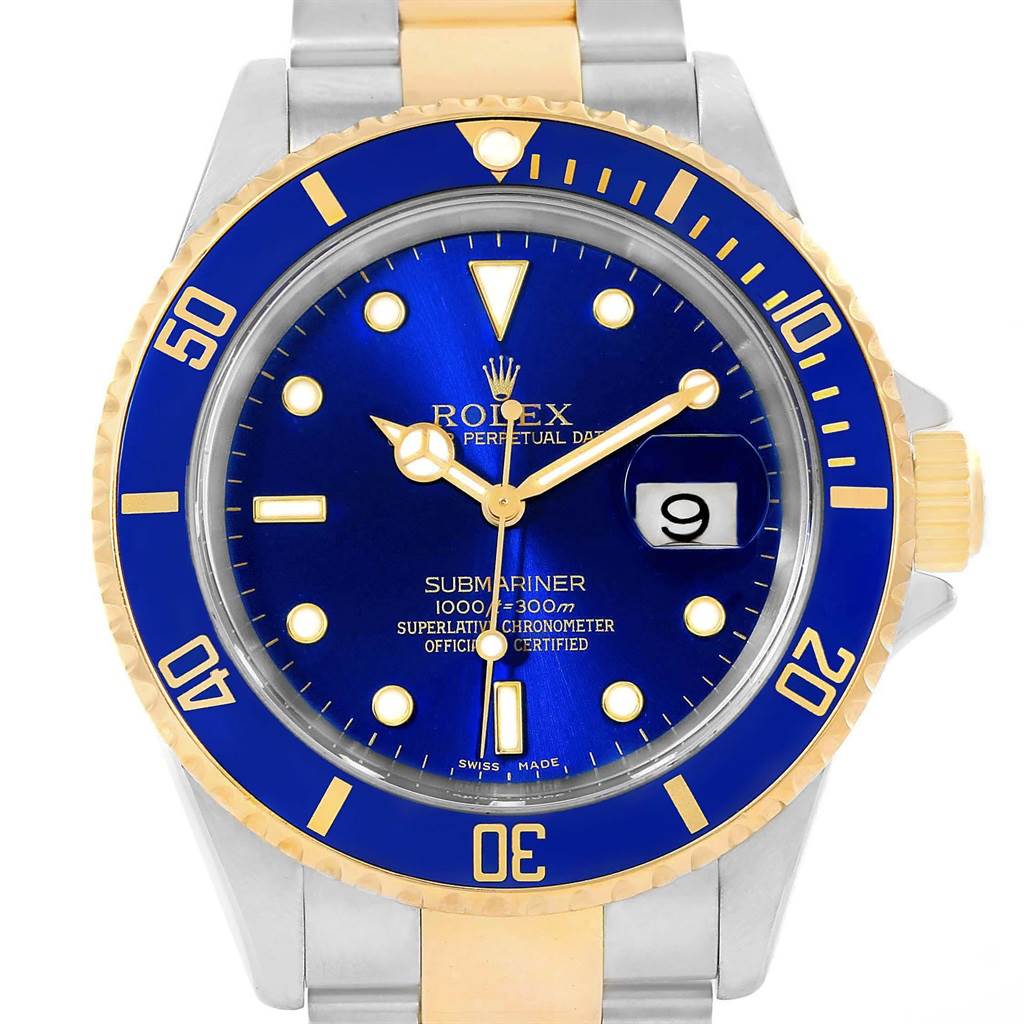 The image shows a frontal angle of the Rolex Submariner 3 Men's Steel and Gold (two tone) Blue Dial 3 Men's Steel and Gold (two tone) Blue Dial watch, highlighting its blue dial, date window, and two-tone bezel and bracelet.
