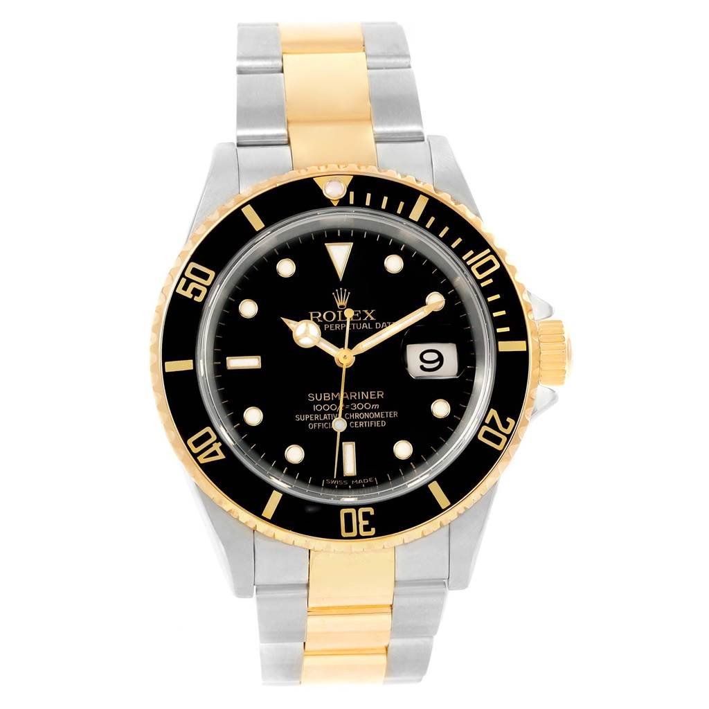 The image shows a frontal view of the Rolex Submariner 16613 Men's Steel and Gold (two tone) Black Dial 16613 Men's Steel and Gold (two tone) Black Dial watch, highlighting its dial, bezel, and bracelet.