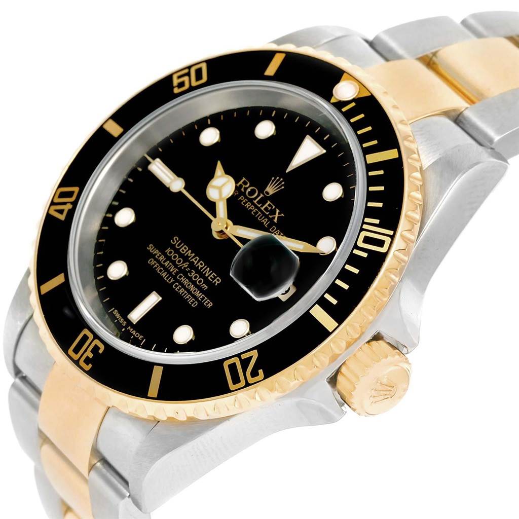 The image shows a close-up of the Rolex Submariner 16613 Men's Steel and Gold (two tone) Black Dial 16613 Men's Steel and Gold (two tone) Black Dial, highlighting the dial, bezel, and part of the bracelet.