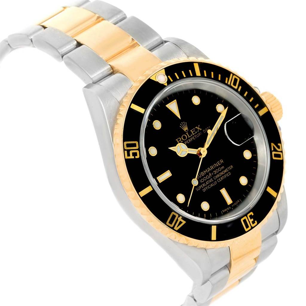 This image shows a Rolex Submariner 16613 Men's Steel and Gold (two tone) Black Dial 16613 Men's Steel and Gold (two tone) Black Dial watch at an angled perspective, highlighting its black dial, bezel, and gold and stainless steel bracelet.