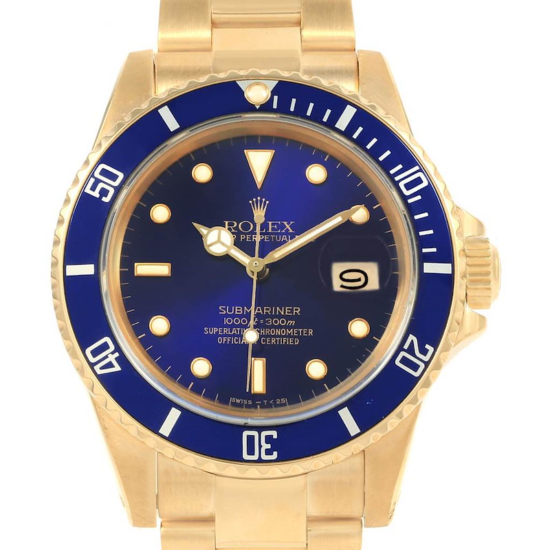 Rolex Submariner 18K Yellow Gold Blue Purple Hue Dial Mens Watch 16808 SwissWatchExpo