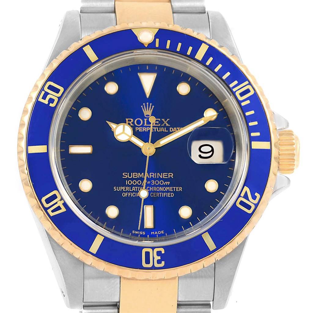 Rolex Submariner Blue Dial and Bezel Steel Gold Watch 16613 Box Papers ...