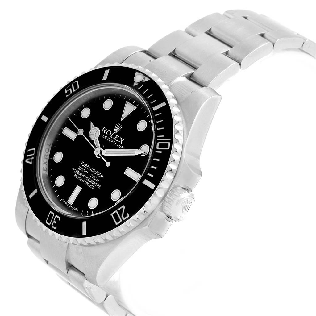 The image shows a left-side angle of a Rolex Submariner 114060 Men's Stainless Steel Black Dial 114060 Men's Stainless Steel Black Dial watch featuring its bezel, dial, case, and part of the bracelet.