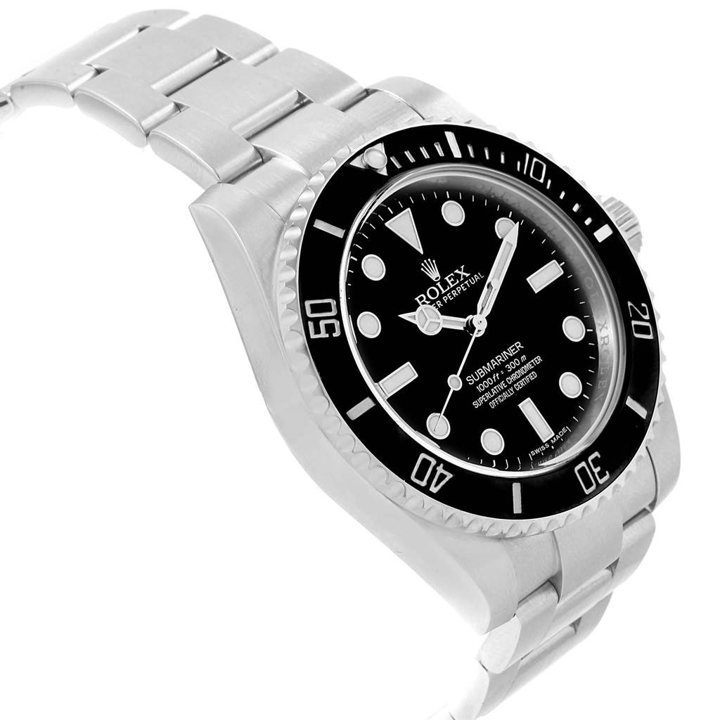 The image shows a side and angled view of a Rolex Submariner 114060 Men's Stainless Steel Black Dial 114060 Men's Stainless Steel Black Dial watch, highlighting its black dial, bezel, and stainless steel bracelet.