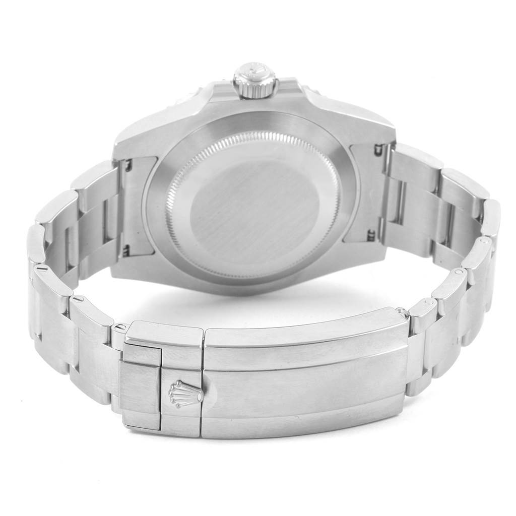 This image shows the back view of a Rolex Submariner 114060 Men's Stainless Steel Black Dial 114060 Men's Stainless Steel Black Dial watch, including the case back, crown, and metal bracelet clasp.