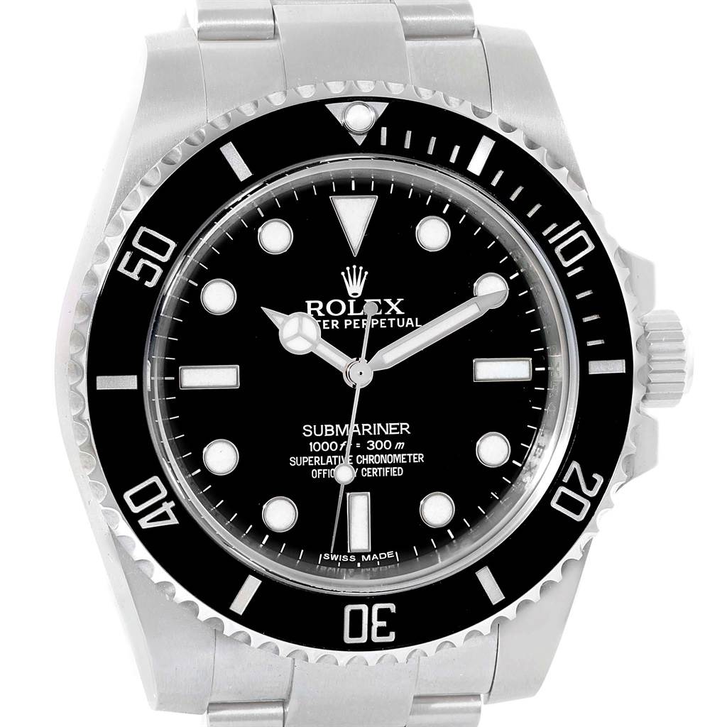 This is a front view of a Rolex Submariner 114060 Men's Stainless Steel Black Dial 114060 Men's Stainless Steel Black Dial watch showing the dial, bezel, and part of the band.
