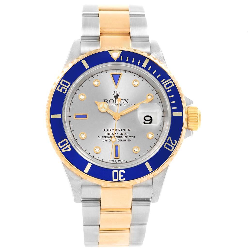 This image shows a front view of a Rolex Submariner 16613 Men's Steel and Gold (two tone) Grey Dial 16613 Men's Steel and Gold (two tone) Grey Dial watch with a grey dial, blue bezel, and two-tone metal bracelet.