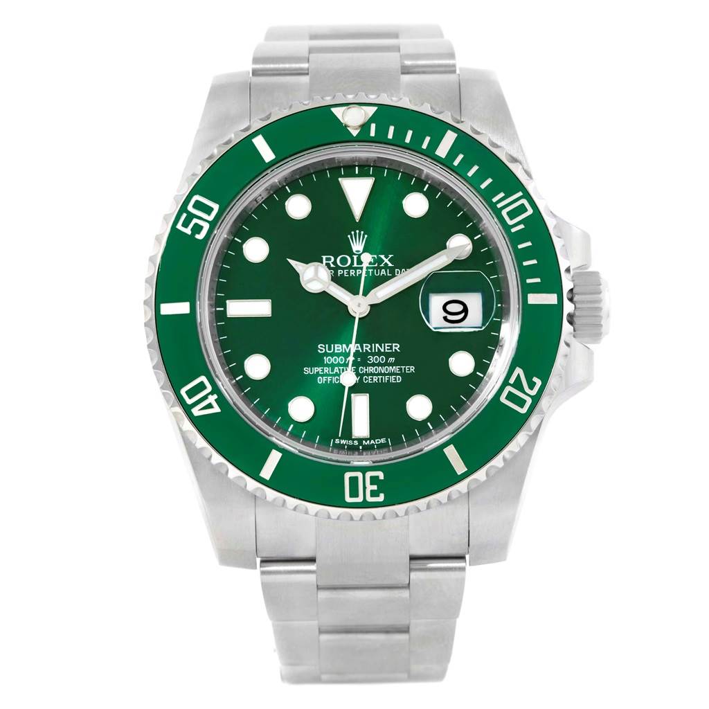 The Rolex Submariner 116610LV Men's Stainless Steel Green Dial 116610LV Men's Stainless Steel Green Dial watch is shown from a front angle, displaying the face, bezel, dial, hour markers, and bracelet.